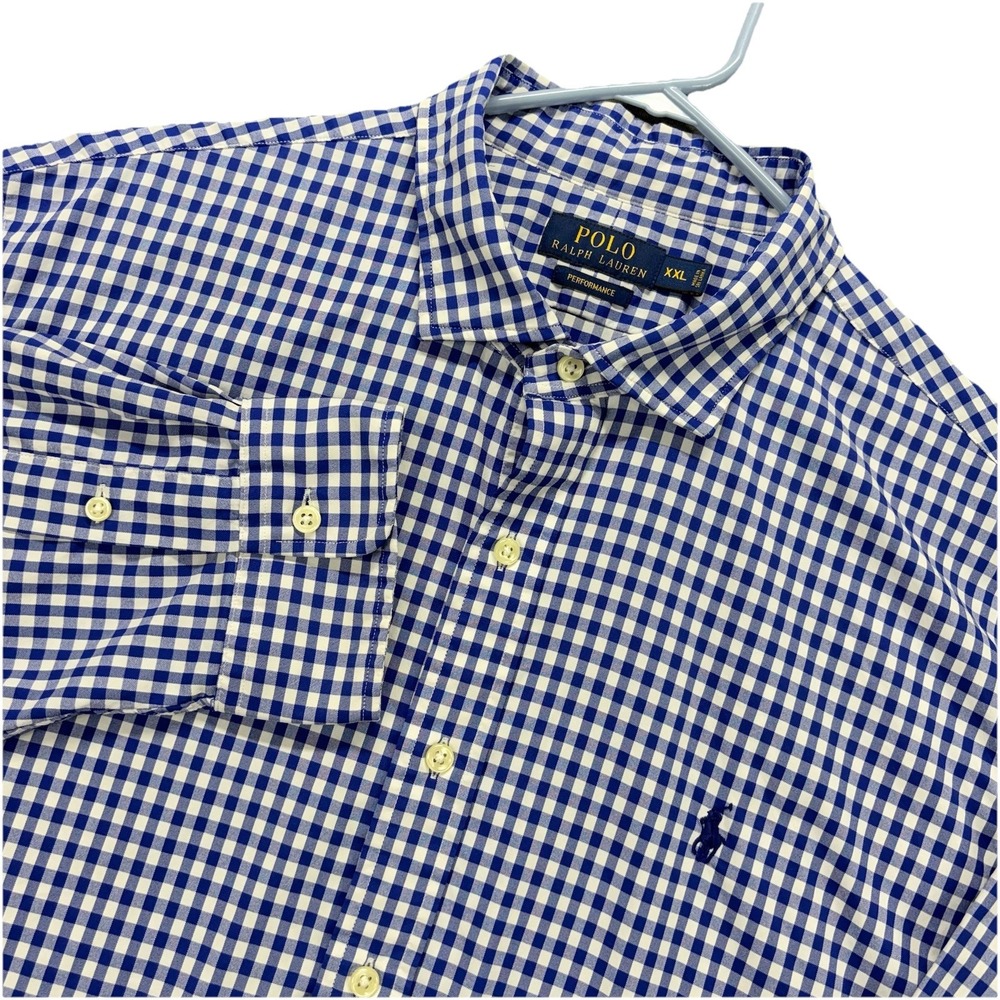 Polo Ralph Lauren Performance Shirt Mens 2XL Blue White Gingham Check‎ Modern
